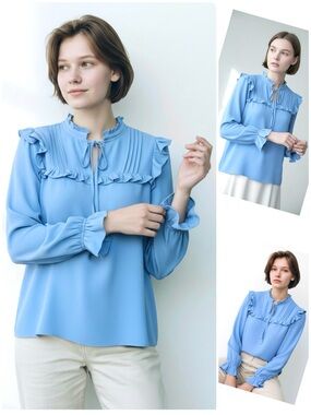 CeCe Ruffle Crepe Blouse Split Neckline with Tie Pintucks Long Sleeve Small